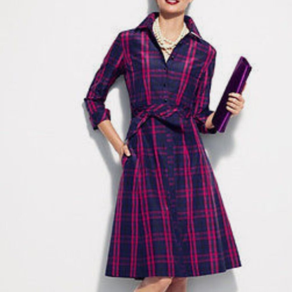 Talbots Shirt Dress Fuchsia/Navy Plaid Silk Blend Size 6